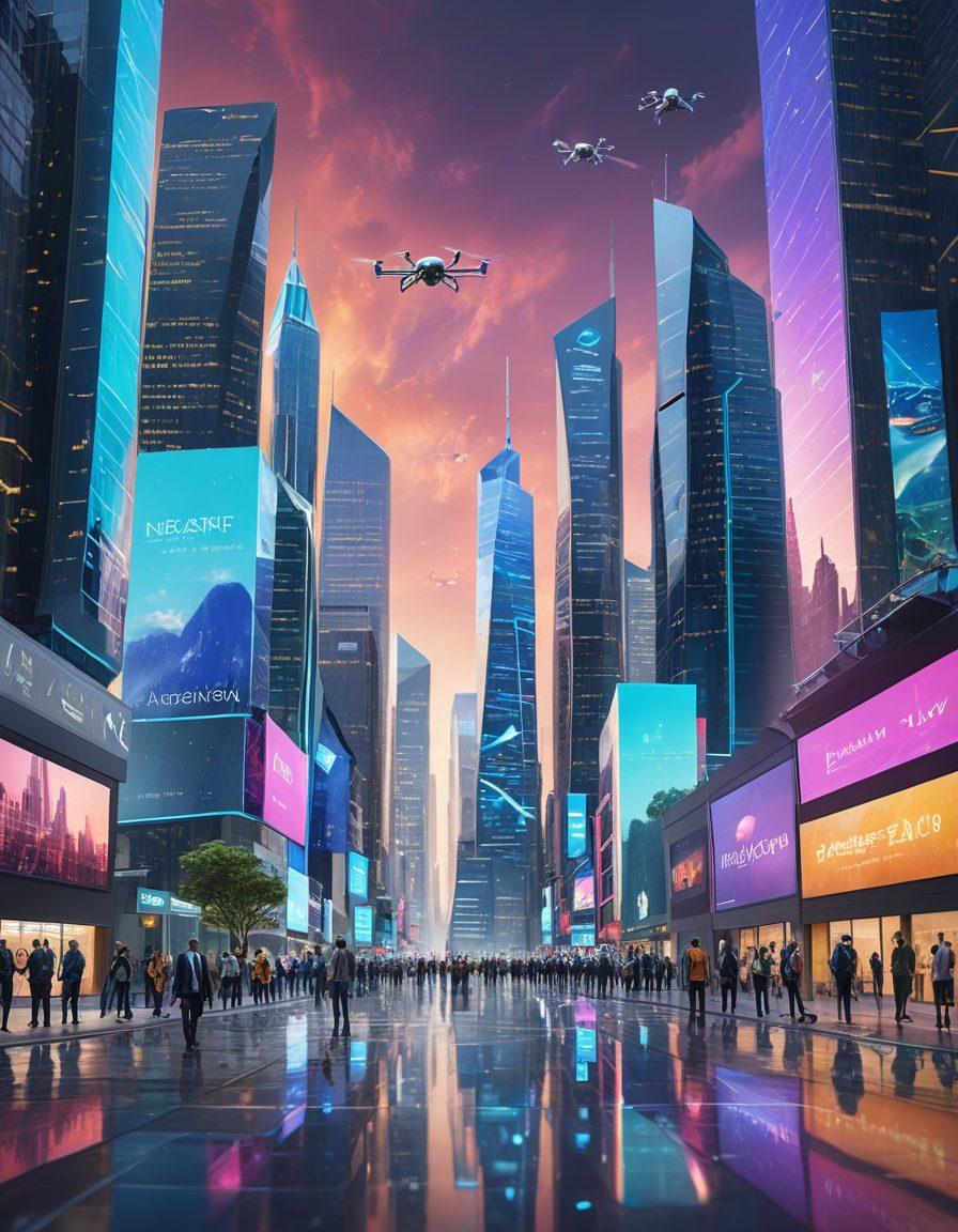 A futuristic cityscape illustrating digital tools at work in the insurance industry, featuring holographic displays of insurance policies, diverse individuals interacting with virtual interfaces, drones overseeing risk assessments, and a bright skyline representing progress. The scene should convey innovation and technology in risk management. super-realistic. vibrant colors. 3D.