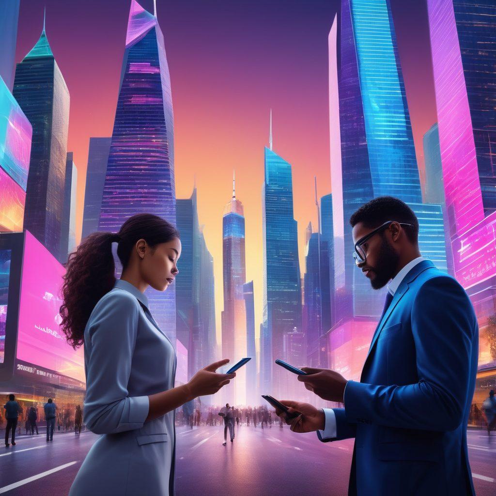 A futuristic cityscape illustrating digital insurance solutions, featuring towering skyscrapers with holographic advertisements for web-based coverage. In the foreground, diverse people using tablets and smartphones to manage their insurance. Bright neon colors to symbolize innovation and technology. The skyline should have a blend of modern architecture and eco-friendly designs, showcasing a green future. digital art. vibrant colors. 3D.