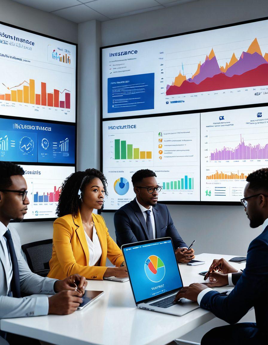 A diverse group of people engaging with digital devices, analyzing web-based insurance solutions on screens, with financial graphs and insurance icons in the background. The scene conveys collaboration and modern technology in finance. Bright and inviting colors to represent optimism and security. super-realistic. vibrant colors. white background.